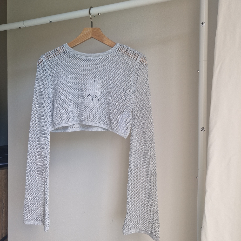 Zara Metallic Silver & Grey Mesh Open Knit Long Sleeve Crop Top 4331/012
